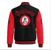 The Emperor letterman jacket, red sleeves, back view with Emperor De La Republique D'Haiti and Dessalines portrait medallion