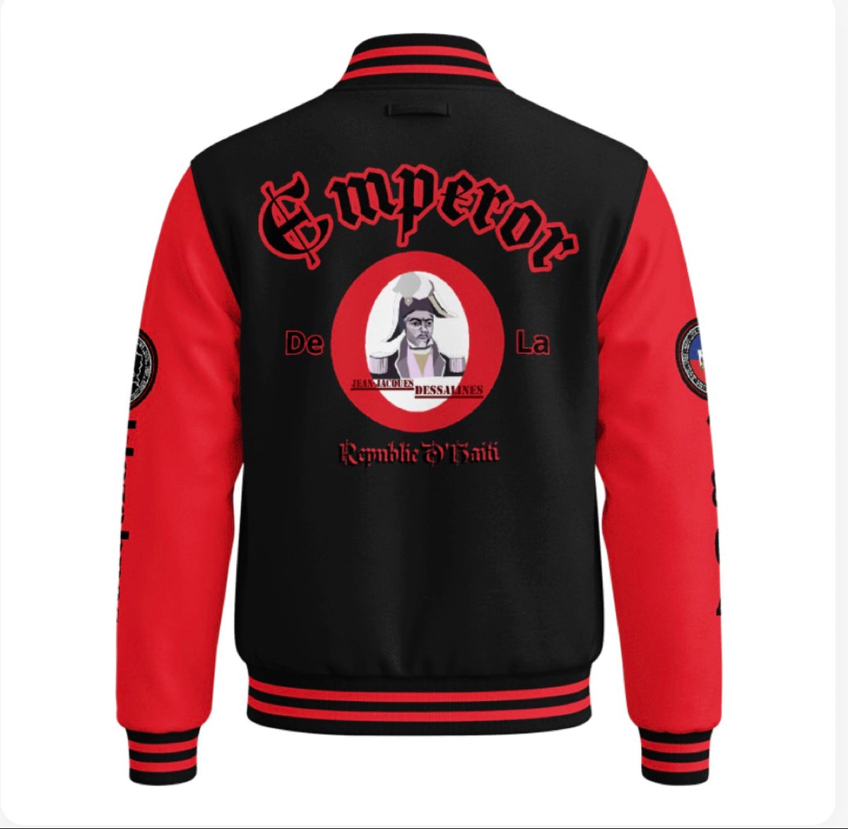 The Emperor letterman jacket, red sleeves, back view with Emperor De La Republique D'Haiti and Dessalines portrait medallion