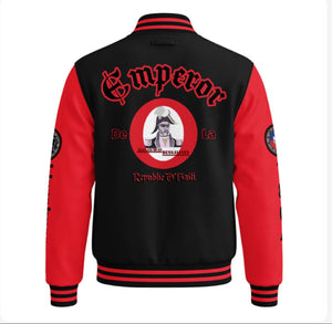The Emperor letterman jacket, red sleeves, back view with Emperor De La Republique D'Haiti and Dessalines portrait medallion