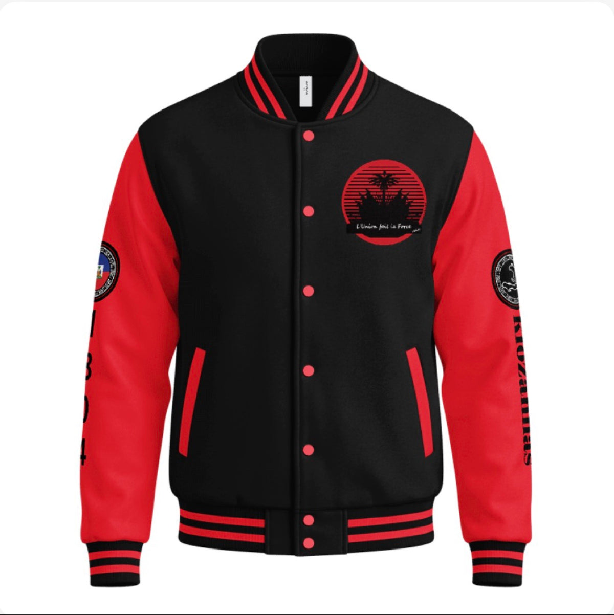 The Emperor letterman jacket, red sleeves, front view with L'Union Fait La Force patch