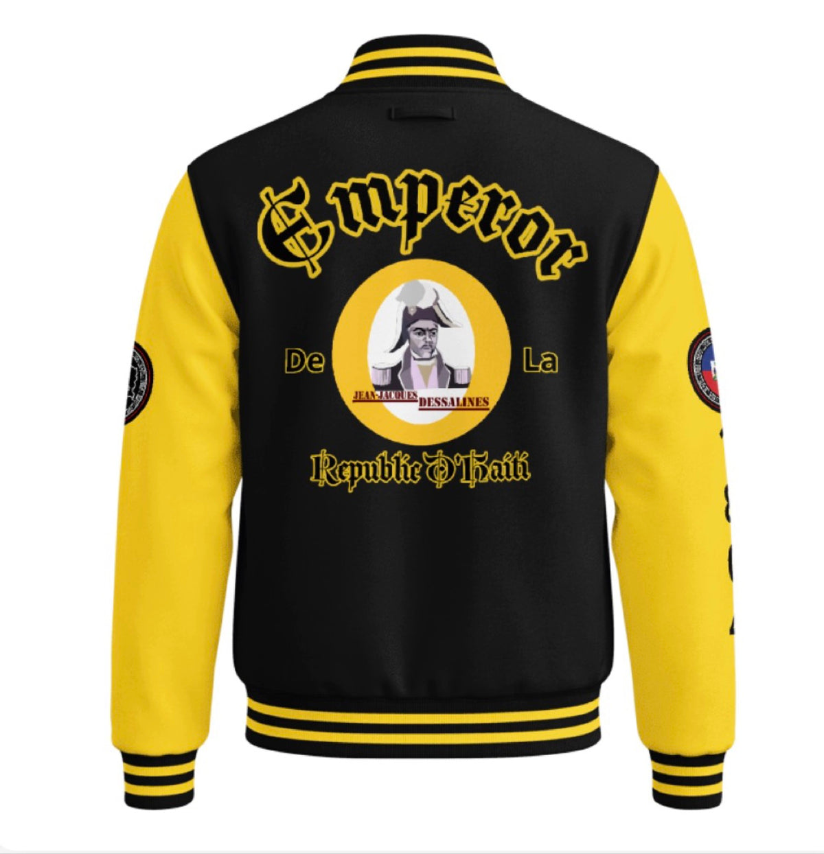 The Emperor letterman jacket, yellow sleeves, back view with Emperor De La Republique D'Haiti and Dessalines portrait medallion