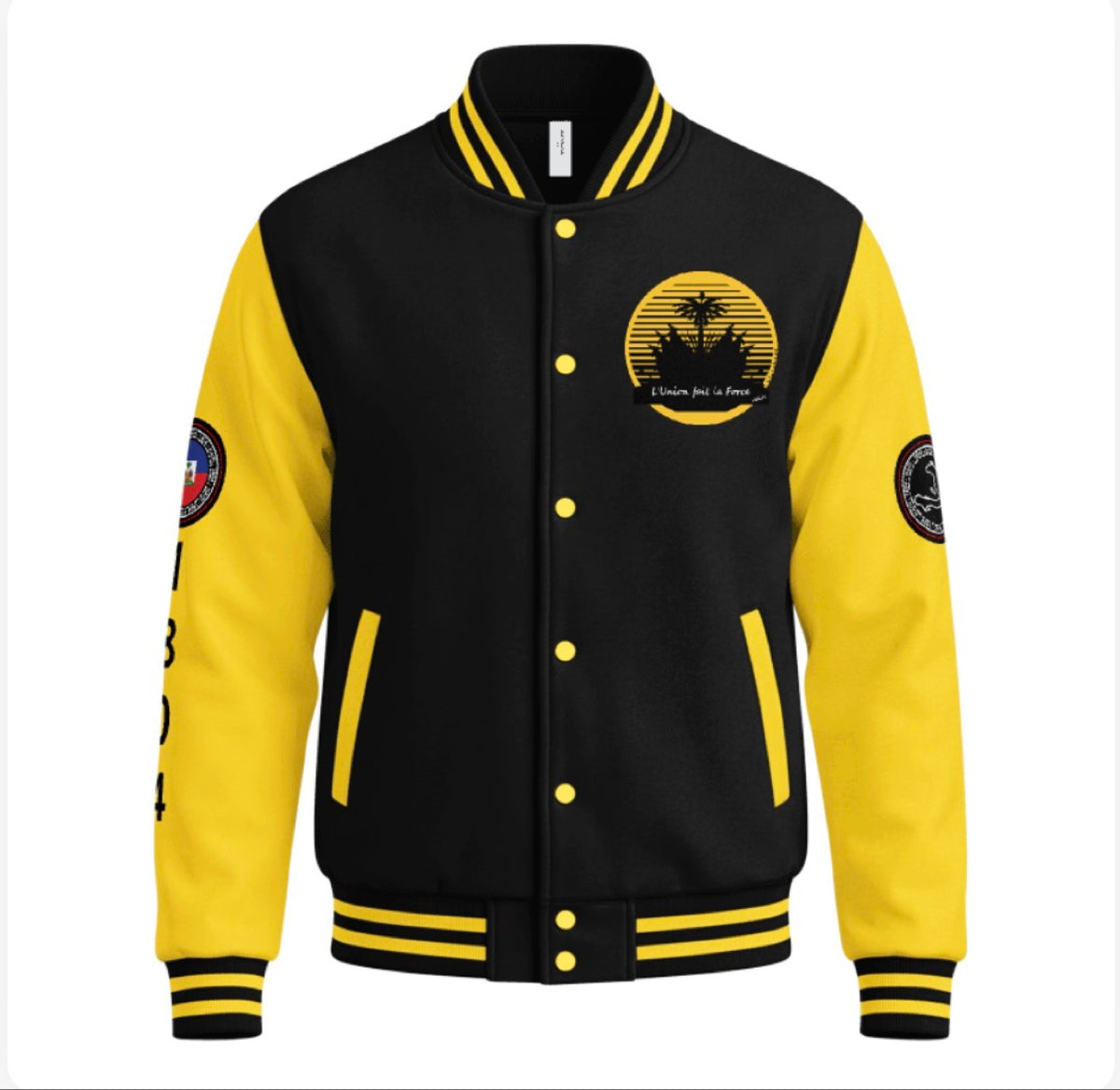 The Emperor letterman jacket, yellow sleeves, front view with L'Union Fait La Force patch
